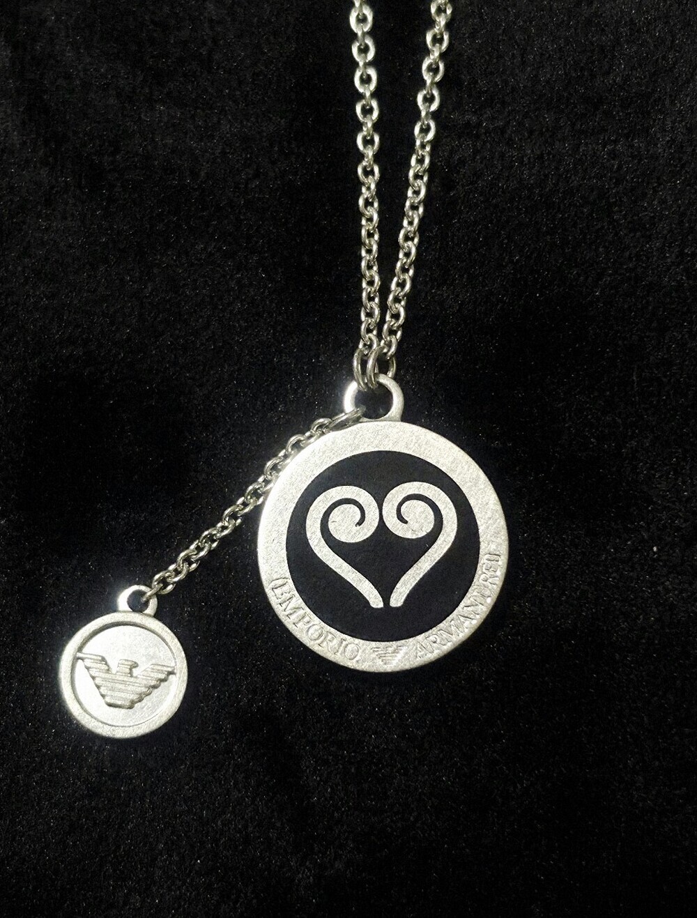 Emporio Armani Silver Tone Heart Pendant Necklace Black Enamel 22” Preowned